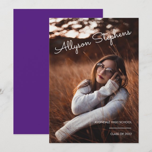 Anúncio Script Classy Texto Branco Foto Graduação Roxa (Frente/Verso)