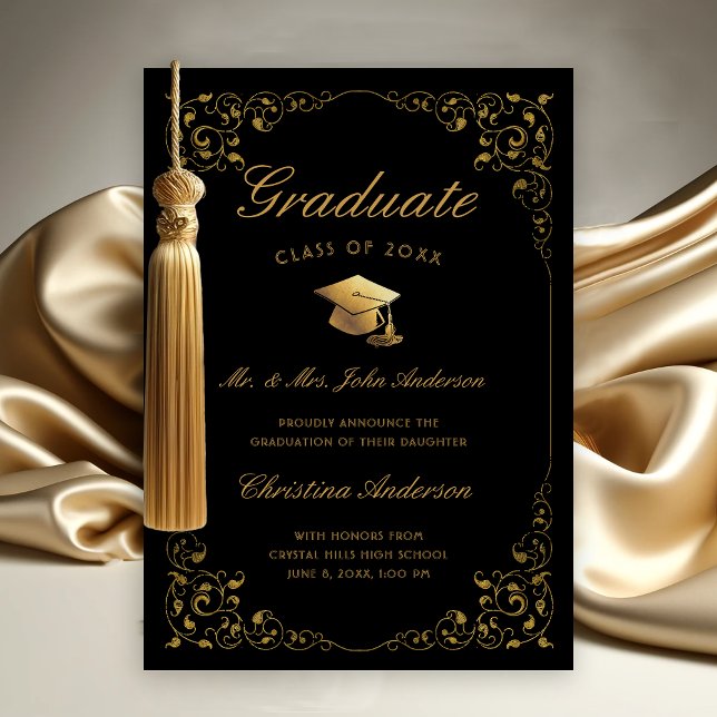Anúncio Script De Boné De Ivy Dourado Da Graduação Preta P (Gold Ivy Leaf on Black Graduation Announcement from Parents)