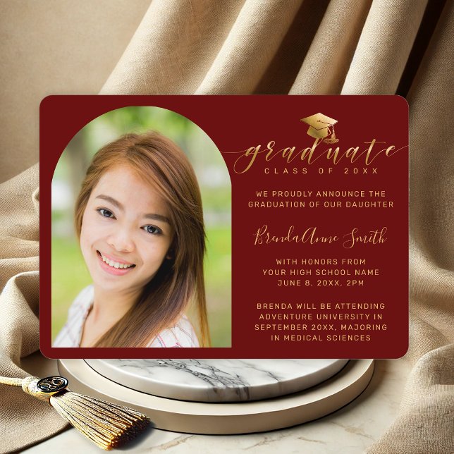 Anúncio Script de Boné Dourado de Foto Moderno na Graduaçã (Maroon and Gold Script Photo High School Graduation Announcement with furture college plans)