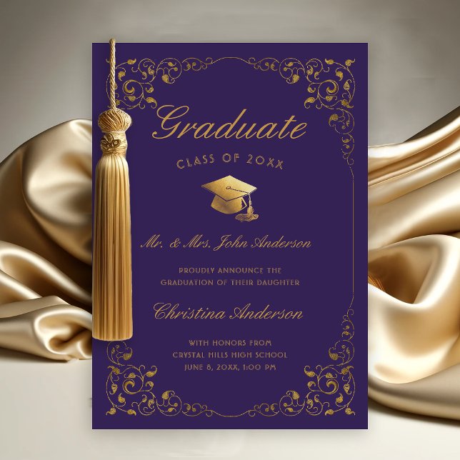 Anúncio Script Dourado De Boné De Ivy De Pais De Formataçã (Gold Ivy Leaf on Purple Graduation Announcement from Parents)