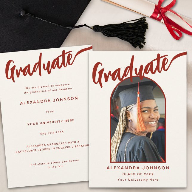 Anúncio Script Laranja De Foto De Formando De Arch Elegant (Elegant graduate photo arch burnt orange calligraphy script graduation announcement card)