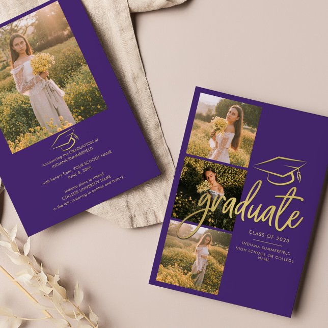 Anúncio Script Purple de Fotos de Formando Graduação 2025 (Graduation 2024 Photo Collage Script Purple Grad Announcement)