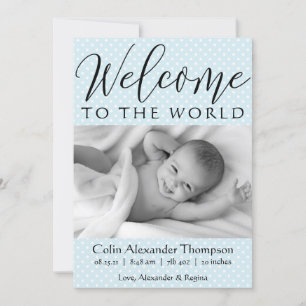 Anúncio Script Welcome to the World Blue bolinhas