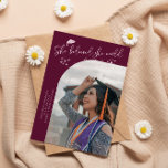 Anúncio She Believed Cranberry Graduate Curved Photo<br><div class="desc">Modern and whimsical graduation announcement photo card featuring a curved photo on the front and 1 on the back. The text says "She believed she could,  so she did" with hand drawn stars and a graduation cap. Add the graduate's name,  information,  and message to personalize this card. Cranberry background.</div>