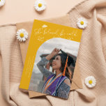 Anúncio She Believed Yellow Graduate Curved Photo<br><div class="desc">Modern and whimsical graduation announcement photo card featuring a curved photo on the front and 1 on the back. The text says "She believed she could,  so she did" with hand drawn stars and a graduation cap. Add the graduate's name,  information,  and message to personalize this card. Yellow background.</div>