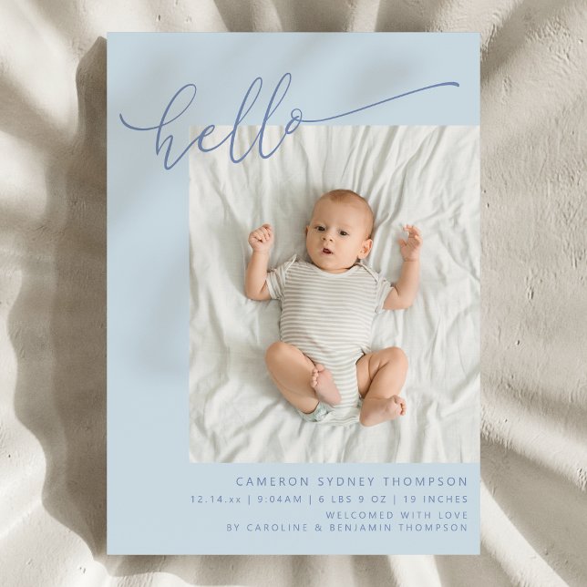 Anúncio Simple Blue Script Cute Hello Baby Two Photo Birth (Criador carregado)