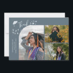 Anúncio Slate Blue Hand Written Thank You Multi Photo<br><div class="desc">Modern and whimsical graduation announcement photo card featuring 3 photos on the front and 1 on the back. The text says "Thank You" with twinkling stars. Add the graduate's name,  information,  and message to personalize this card. Slate blue.</div>
