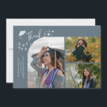 Anúncio Slate Blue Hand Written Thank You Multi Photo<br><div class="desc">Modern and whimsical graduation announcement photo card featuring 3 photos on the front and 1 on the back. The text says "Thank You" with twinkling stars. Add the graduate's name,  information,  and message to personalize this card. Slate blue.</div>