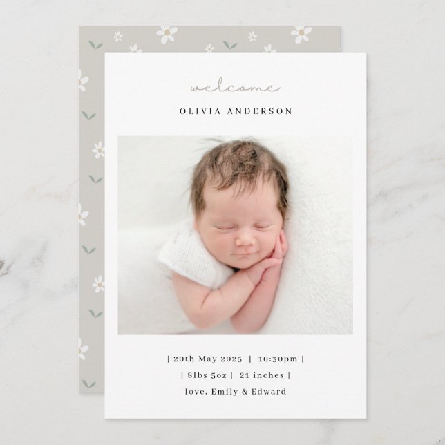 Anúncio Soft Neutral Florals Birth Announcement (Frente/Verso)