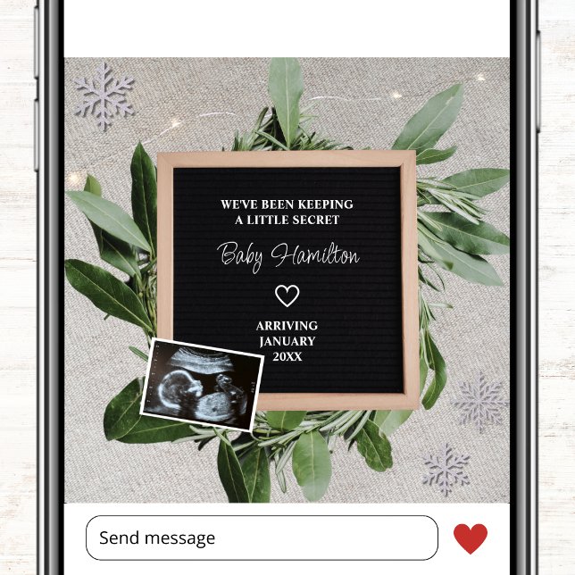 Anúncio Sonograma de fenda de neve secreta de inverno (winter photo pregnancy announcement card ultrasound sonogram little secret snowflake)