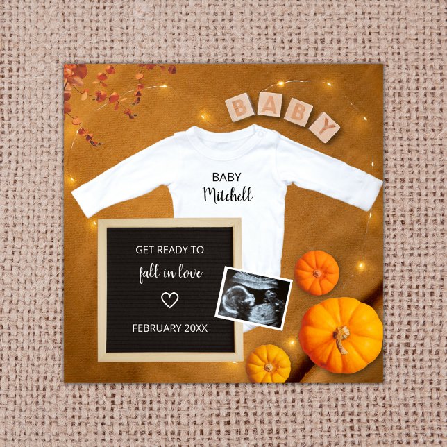 Anúncio Sonograma Ultrassom Gravidez de Foto (fall in love pumpkin pregnancy announcement digital pregnancy reveal  ultrasound photo autumn)