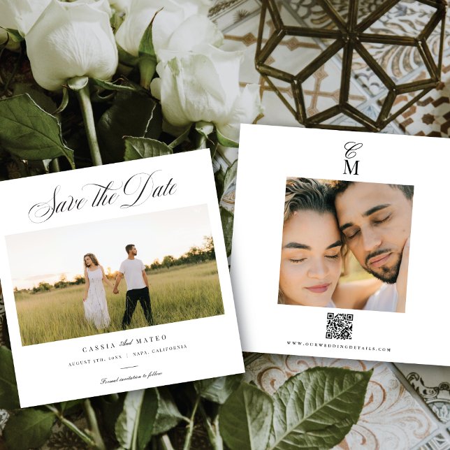 Anúncio Square Elegant Script Monogram Save the Date Photo (Criador carregado)