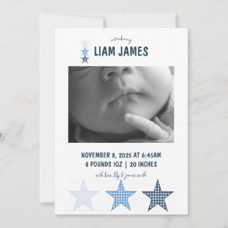 Anúncio Starry Gingham Baby Boy Birth Announcement Card