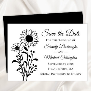 Anúncio Sunflower Save the Date Black White Floral Weding