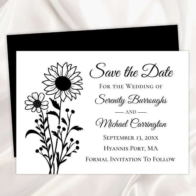 Anúncio Sunflower Save the Date Black White Floral Weding (Criador carregado)
