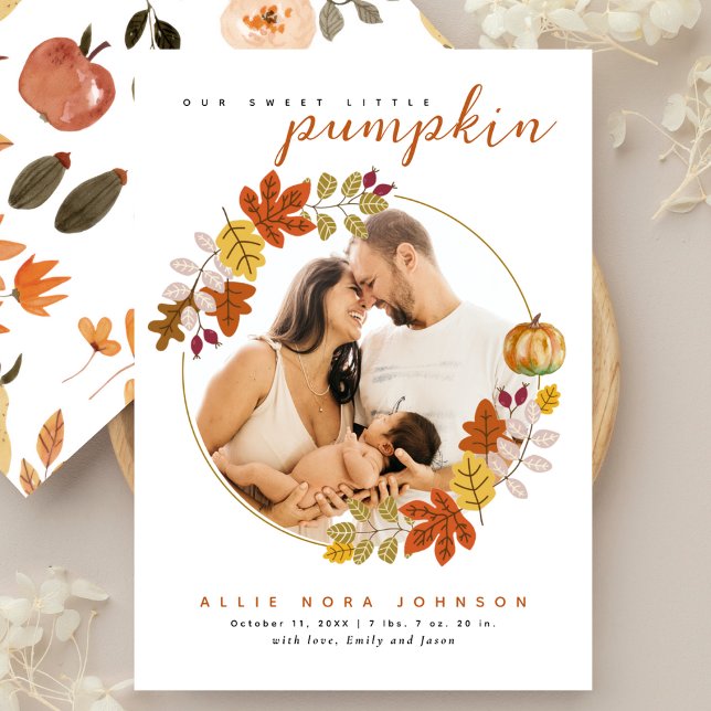 Anúncio Sweet Little Pumpkin Photo Fall Baby Announcement (Criador carregado)