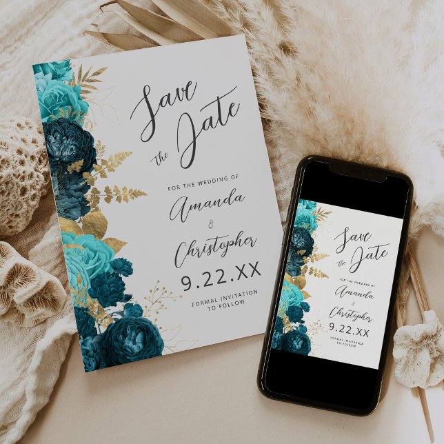 Anúncio Teal Aqua Dourado Floral Script Salve a Data (Criador carregado)