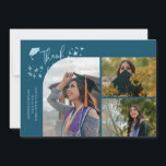 Anúncio Teal Hand Written Thank You Multi Photo<br><div class="desc">Modern and whimsical graduation announcement photo card featuring 3 photos on the front and 1 on the back. The text says "Thank You" with twinkling stars. Add the graduate's name,  information,  and message to personalize this card. Teal.</div>