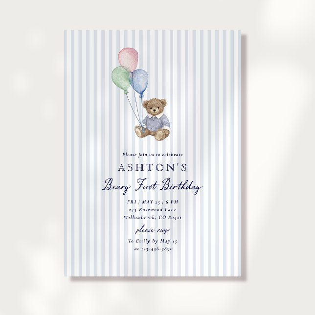 Anúncio Teddy Bear Blue Stripes First Birthday Invitation  (Criador carregado)
