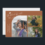 Anúncio Terracotta Graduate She Believed Multi Photo<br><div class="desc">Modern and whimsical graduation announcement photo card featuring 3 photos on the front and 1 on the back. The text says "She believed she could so she did" with twinkling stars. Add the graduate's name,  information,  and message to personalize this card. Terracotta.</div>