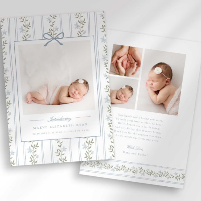 Anúncio Timeless Floral Bow Photo Birth Announcement (Criador carregado)