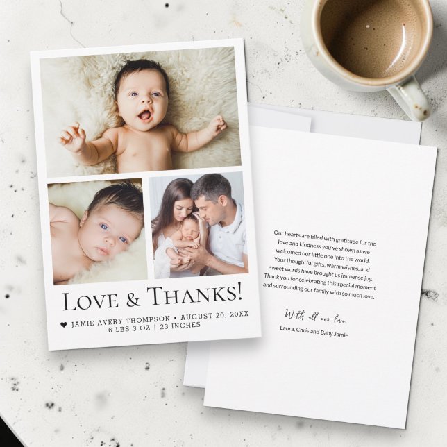 Anúncio Tipografia de Amor e Agradecimento Foto de Bebê Na (Love and Thanks 3 photo baby collage birth announcement baby shower thank you card.)