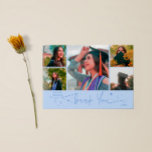 Anúncio Twinkle Stars Icy Blue Grad Multi Photo Thank You<br><div class="desc">Modern and whimsical graduation announcement photo card featuring 5 photos on the front and 1 on the back. The hand written script text says "Thank You" with twinkling stars. Add the graduate's name,  information,  and message to personalize this card. Icy blue color.</div>