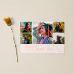 Anúncio Twinkle Stars Peach Grad Multi Photo Thank You<br><div class="desc">Modern and whimsical graduation announcement photo card featuring 5 photos on the front and 1 on the back. The hand written script text says "Thank You" with twinkling stars. Add the graduate's name,  information,  and message to personalize this card. Peach color.</div>