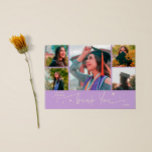 Anúncio Twinkle Stars Wisteria Grad Multi Photo Thank You<br><div class="desc">Modern and whimsical graduation announcement photo card featuring 5 photos on the front and 1 on the back. The hand written script text says "Thank You" with twinkling stars. Add the graduate's name,  information,  and message to personalize this card. Lemon yellow and wisteria color.</div>