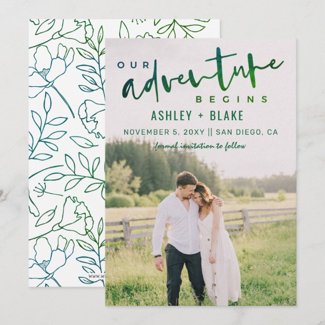 Anúncio Verde Nossa Aventura Começa Foto Salvar a Data (Frente/Verso)