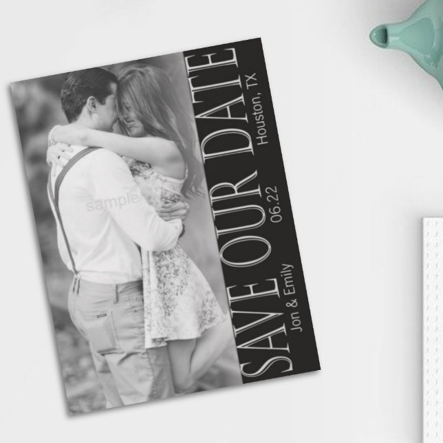 Anúncio Vertical Preto e Branco Save the Date 5 x 7 (Criador carregado)
