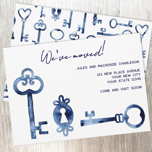 Anúncio Vintage Antique Keys Moving New Home Announcement (Hand painted watercolor locks and keys custom personalized text moving new home announcement cards)