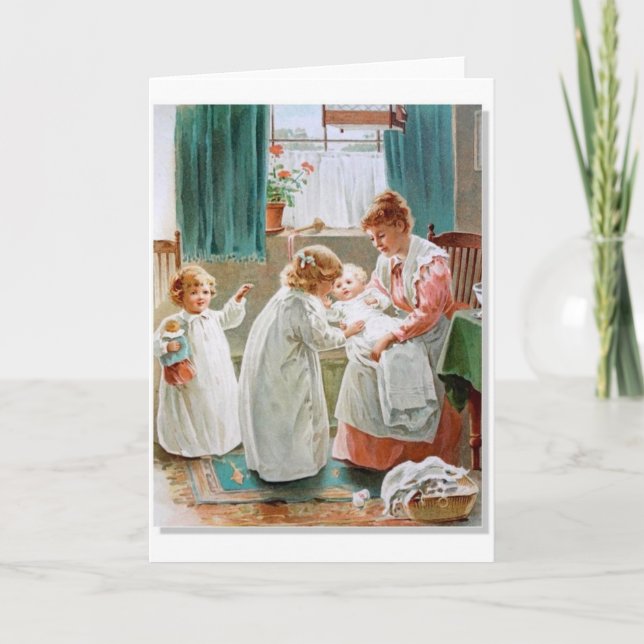 Anúncio Vintage - irmãs que ajudam com o bebê novo, (Frente)