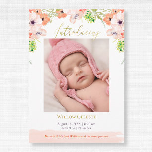 Anúncio Watercolor Floral Pink Baby Girl Foto Birth