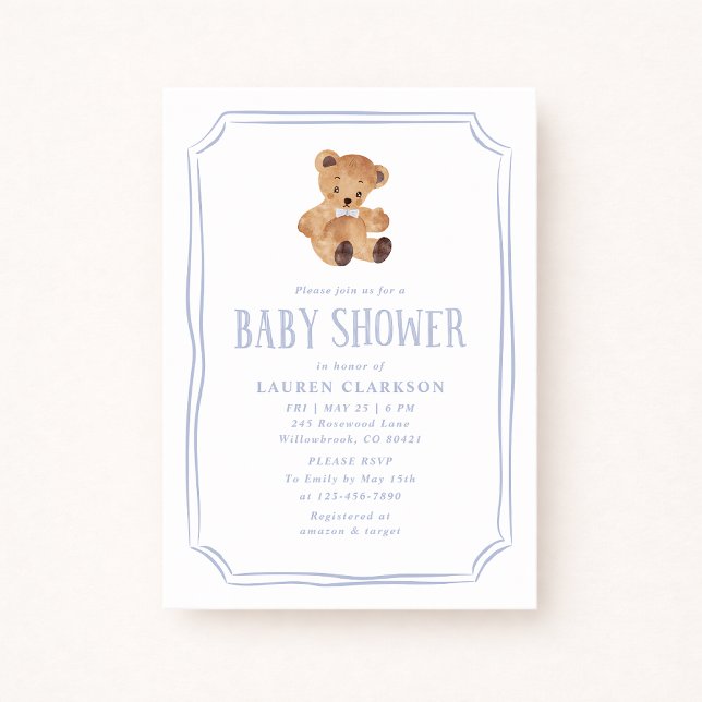 Anúncio White and Blue Teddy Bear Baby Shower Invitation (Criador carregado)