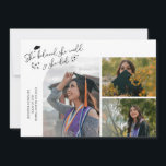 Anúncio White Graduate She Believed Multi Photo<br><div class="desc">Modern and whimsical graduation announcement photo card featuring 3 photos on the front and 1 on the back. The text says "She believed she could so she did" with twinkling stars. Add the graduate's name,  information,  and message to personalize this card. White.</div>