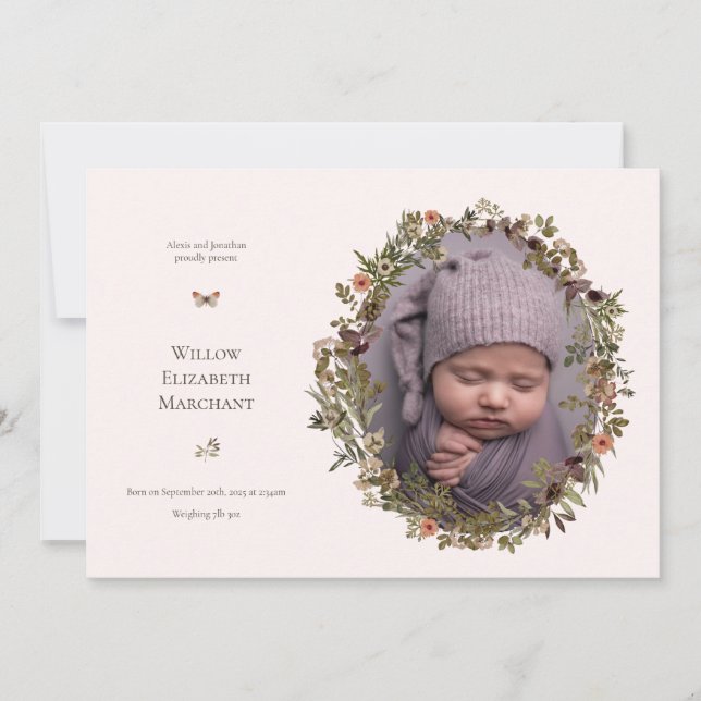Anúncio Wild Flower Frame New Baby Birth Announcement (Frente)