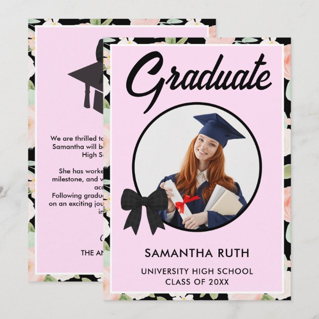 Anúncio Wildflower Black Gingham Bow Photo Graduation (Frente/Verso)