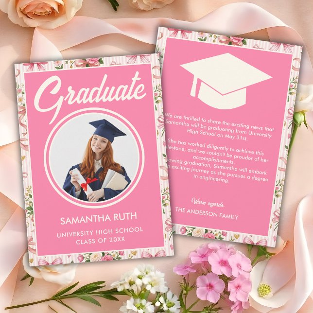 Anúncio Wildflower Pink Striped Bows & Ribbons Graduation (Criador carregado)