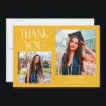 Anúncio Yellow Graduate Thank You 2-Photo<br><div class="desc">Modern and whimsical graduation announcement photo card featuring 2 photos on the front and 1 on the back. The text says "THANK YOU" with twinkling stars. Add the graduate's name,  information,  and message to personalize this card. Yellow.</div>