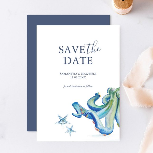 Anúncios de casamento de praia personalizada (Beach wedding save the date invitation card features unique watercolor art by Victoria Grigaliunas)