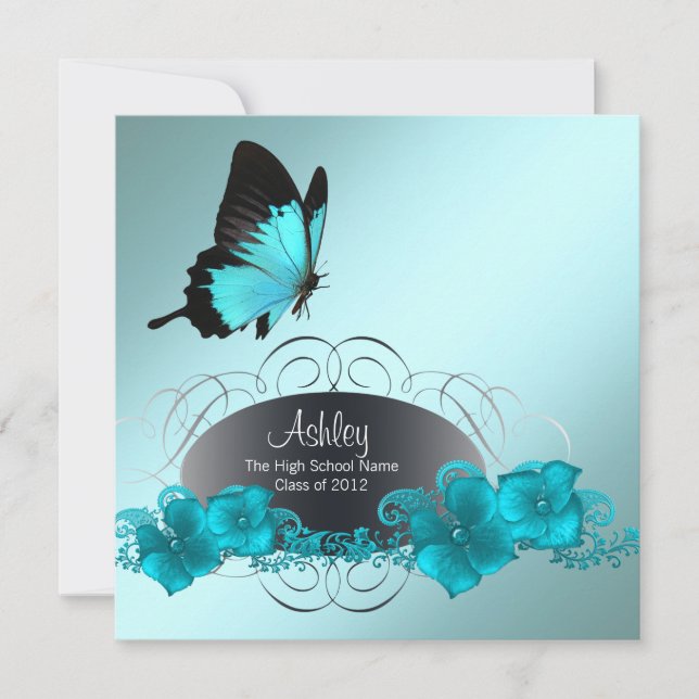 Anúncios de Formatura com Borboleta Azul Turquesa (Frente)
