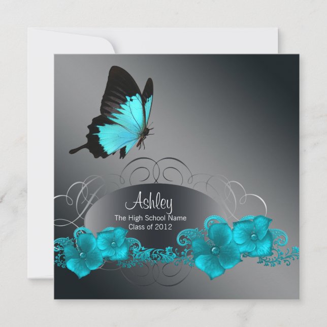 Anúncios de Formatura com Borboleta Azul Turquesa (Frente)
