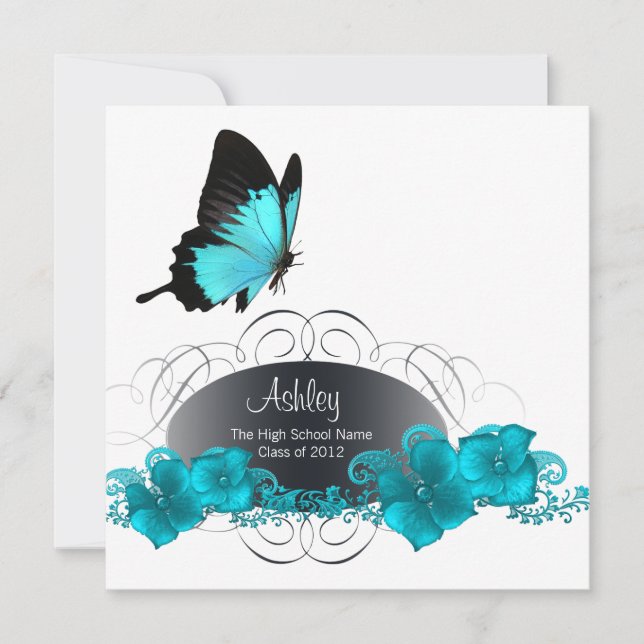 Anúncios de Formatura com Borboleta Azul Turquesa (Frente)