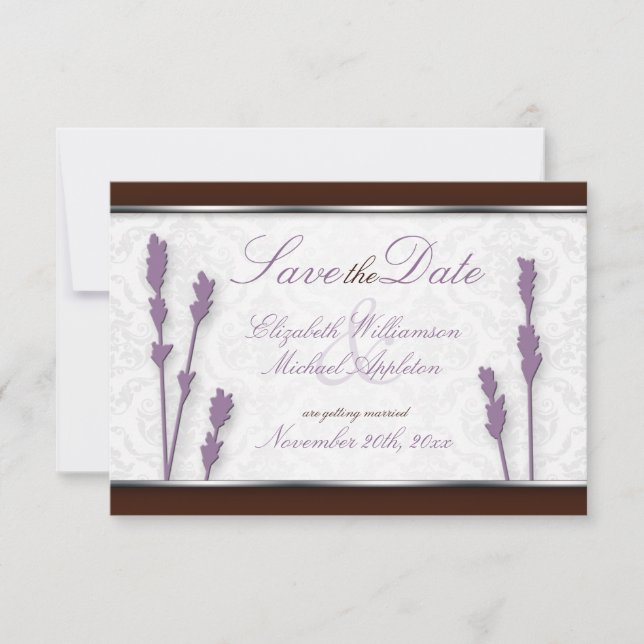 Anúncios de Lavanda & Marrom para Salvar a Data (Frente)