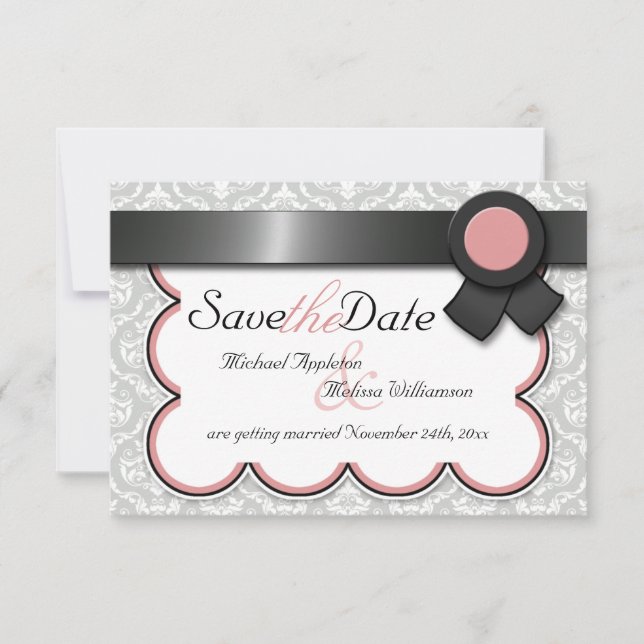 Anúncios de Mauve e Cinza Save the Date com Damask (Frente)