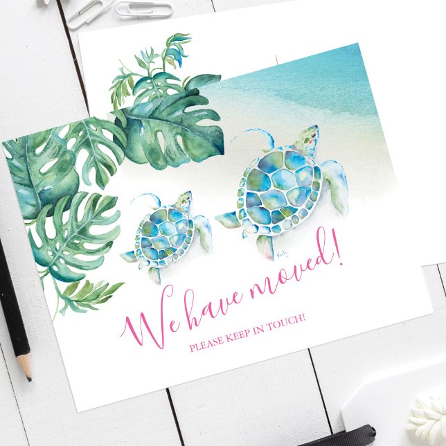 Anúncios de Movimentação de Cores Aquáticas Tropic (New address moving announcement cards watercolor sea turtle and palm leaf by Victoria Grigaliunas)