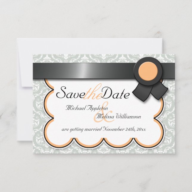 Anúncios de Orange & Gray Damask Save the Date (Frente)