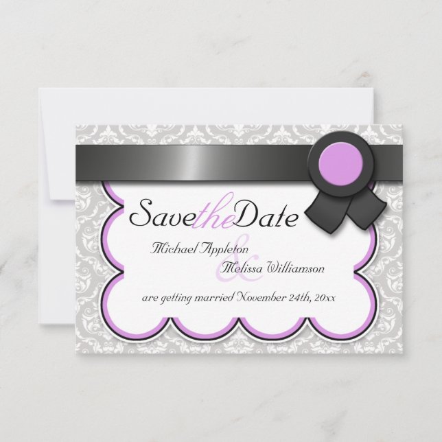 Anúncios de Save the Date em Damasko Roxo e Cinza (Frente)