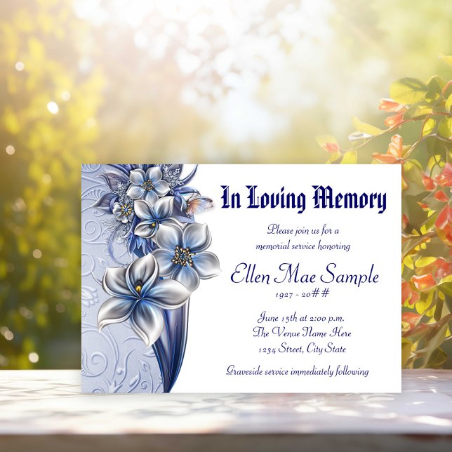 Anúncios do Serviço Memorial Azul Elegante (Pretty blue floral memorial and funeral invitation notice. Simply add your event details.)